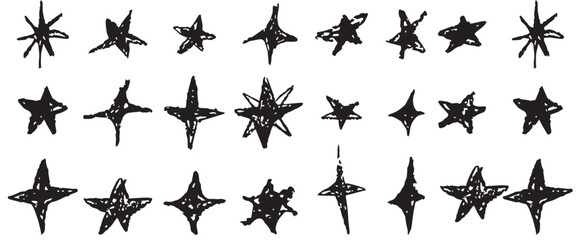 Star and flash doodle scribble icons. Rock and punk lightning, hand drawn line sketch vector. Music thunder crayon cartoon set. Stars and flash fire brush illustration. Chalk crayon texture element bg