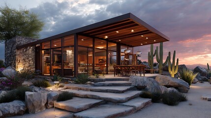 Obraz premium A modern desert retreat with large glass walls, shaded terrace, cactus garden, and a sunset sky backdrop