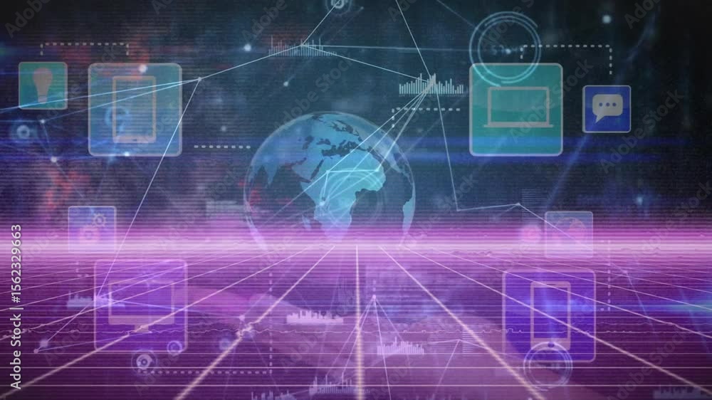 Aufkleber magenta beam slicing, globe materializing, icons connecting, data streams pulsing network interface