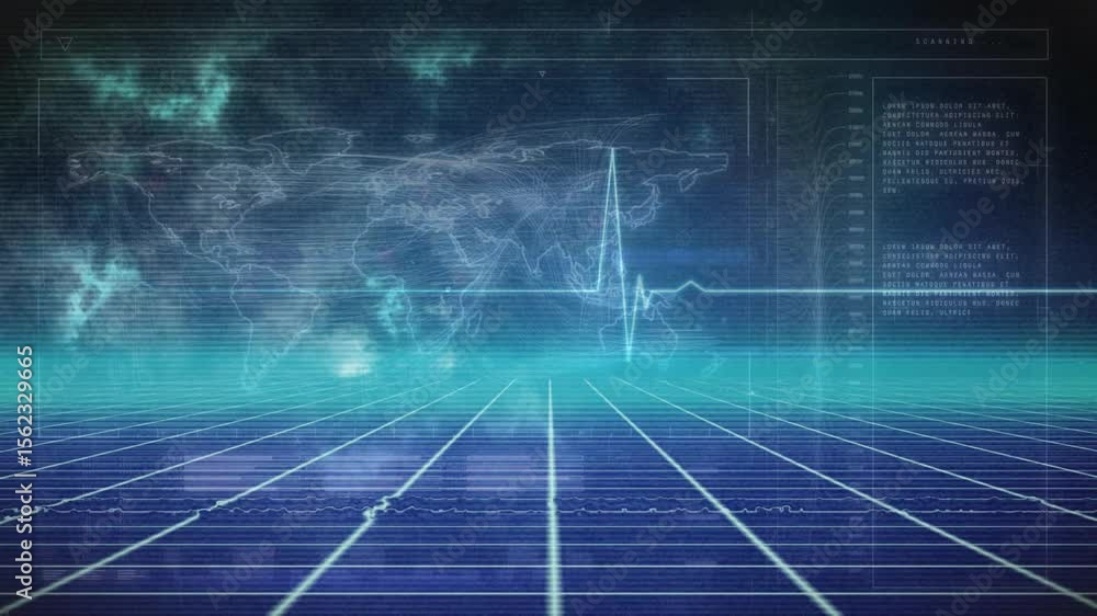 Poster pulse rising left edge driving ecg-style waveform pulsing across grid under map showing global data