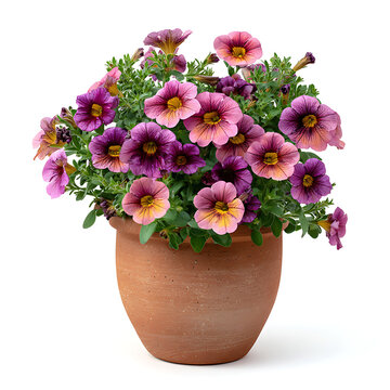 Calibrachoa flowers in terracotta pot pink purple