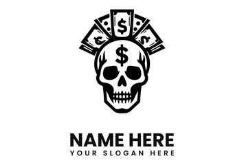 Skull with dollar sign on forehead and money as crown, black and white.