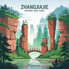 Zhangjiajie Rock Pillars and Bridge – Scenic China Print