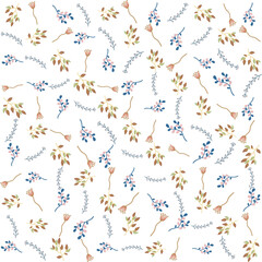 Seamless floral pattern with a subtle textile-inspired texture, combining soft botanical elements with a natural woven feel. Features hand-drawn flowers and organic leaves arranged