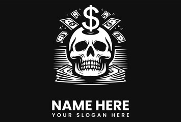 A stylized skull sits atop a stack of money, with a dollar sign floating above its head, symbolizing the pursuit of wealth and its potential cost.