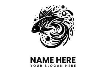 A stylized black and white fish swimming through swirling water with bubbles.