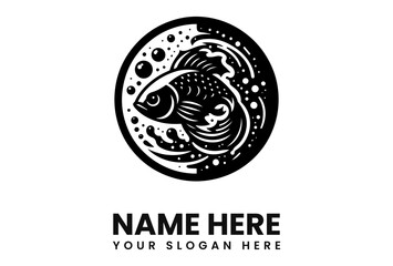 A black and white logo of a fish swimming in a circular frame with bubbles and water splashes.