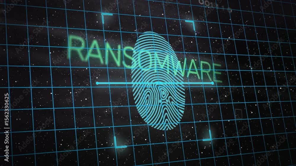 Poster grid appearing assembling ransomware with fingerprint fading, line extending locks securing data
