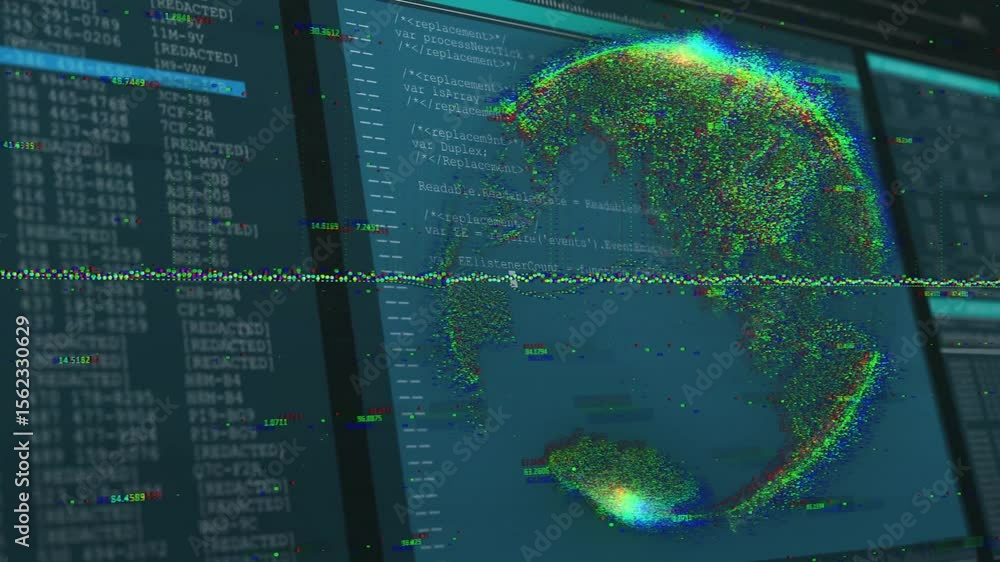 Poster faint band revealing rotating point cloud sphere on screen while log and code updating for security