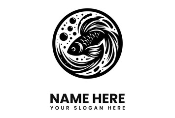 A stylized illustration of a betta fish swimming in a circle with bubbles and flowing water.