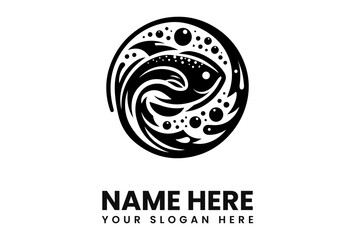 A stylized black and white logo featuring a fish swimming within a circular design, with bubbles.