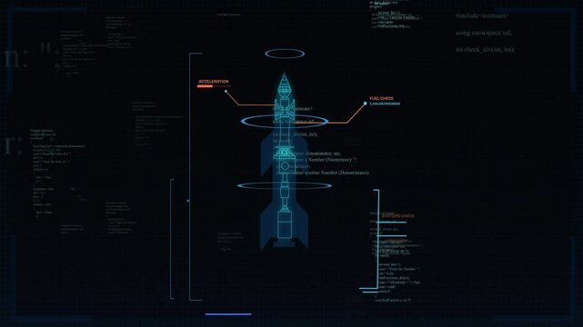 Rocket schematic forming on load rotating rings tagging acceleration fuel system for launch check