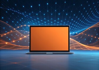 A laptop with a blank screen sits against a futuristic network background