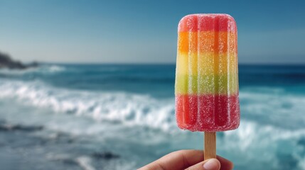 Refreshing treat on a sunny beach day. Enjoying a sweet and colorful popsicle with a vibrant sea backdrop. Summer vibes!