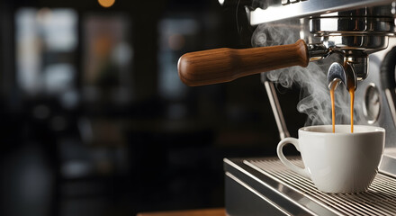 Close up of espresso machine dispensing fresh, steaming coffee into a white cup. The rich, aromatic liquid fills the cup with inviting warmth