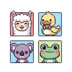 Pixel Art Cute Animal Characters Set Featuring Llama Duck Koala and Frog in Bright Colors