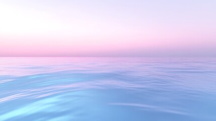 Serene ocean view at sunrise, soft pink and blue hues reflecting on the water surface, calming seascape