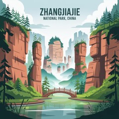 Zhangjiajie Rock Pillars and Bridge – Scenic China Print