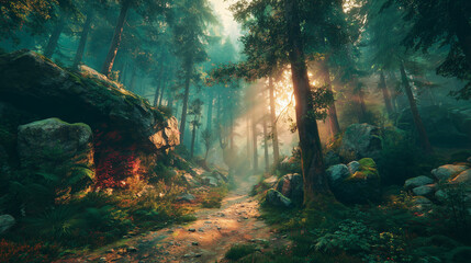 Mystical Sunlit Path Through an Enchanted Forest
A serene pathway winds through a lush forest, illuminated by golden sunlight piercing the misty canopy.