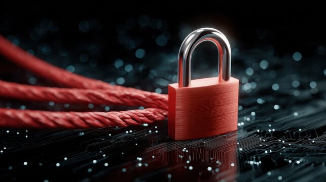 A digital padlock and red cable symbolize cybersecurity and data protection on a glowing network background.