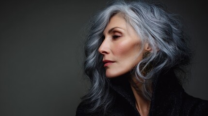 Naklejka premium A captivating portrait of an elegant mature woman with vibrant gray hair, exuding confidence and poise. Her serene expression adds depth to the imagery's beauty.