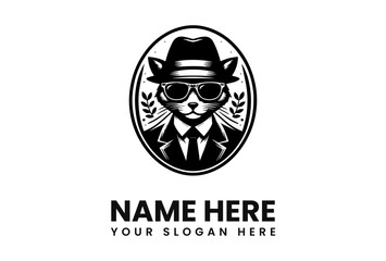 Stylish cat in fedora, sunglasses, and suit, within an oval logo design.