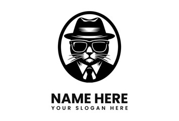 A stylized cat head wearing a fedora hat, sunglasses, suit, and tie, presented in a black and white oval frame.