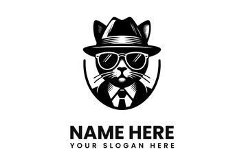 A stylized black and white logo featuring a cat dressed as a detective.
