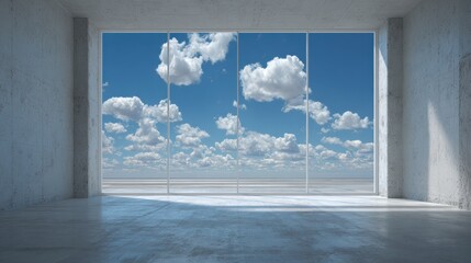 Fototapeta premium construction, architecture and building concept - airport terminal empty room over blue sky and clouds background, no logos, no brands