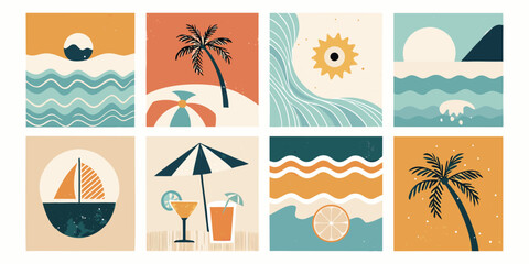 Naklejka premium Eight Summer Beach Scenes in Mid- Century Modern Style