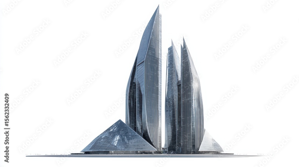 Poster a realistic 3d model of a futuristic skyscraper on a white isolated background, modern and innovativ