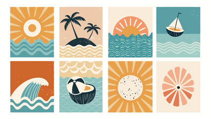 Naklejka premium Eight Summer Beach Scenes with Sun Waves Palm Trees and Sailboat