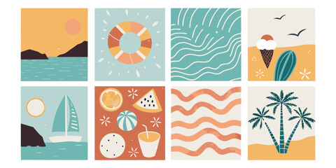 Naklejka premium Summer Themed Bundle Eight Illustrations with Beach Objects and Patterns