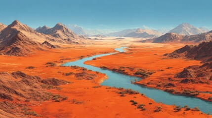 Naklejka premium Vivid Orange River Through Desert Landscape with Mountains