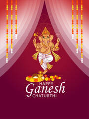 Happy Ganesh Chaturthi Vertical Design with Dancing Lord Ganesha and Floral Garlands