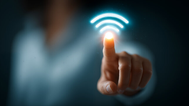 Businesswoman Touching Virtual WiFi Icon on Digital Interface , representing internet connectivity and modern business communication.