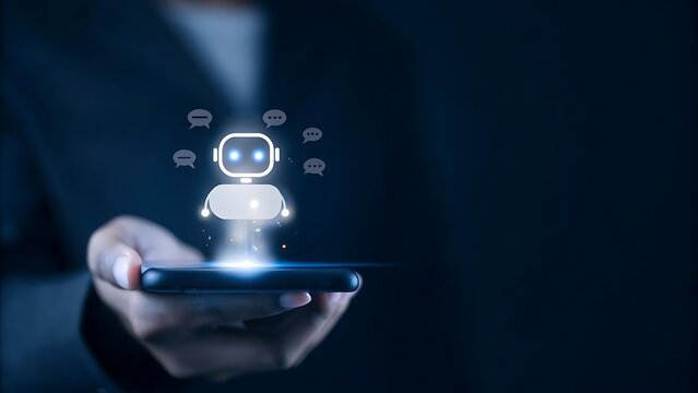 AI chatbot virtual assistant technology concept. Person using smartphone chat with AI chatbot that has dialogue bubbles, representing artificial intelligence, help, smart customer service technology..