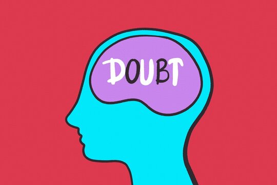 Illustration of doubt inside human mind on red background