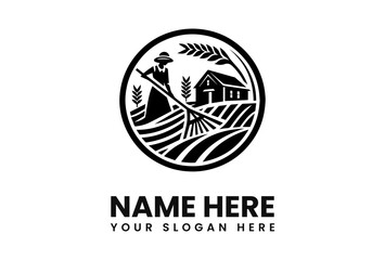 Obraz premium A farmer works the land with a rake near a house, framed by wheat stalks in a circular design.