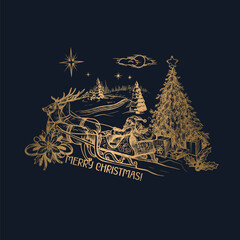 Santa and other Christmas elements in toile style isolated. Vector.