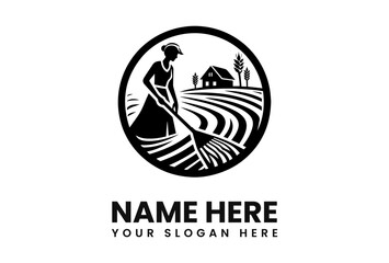 A woman farmer rakes a field, idyllic farm scene, logo design.