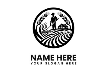 A circular emblem of a farmer working in a field with a house.