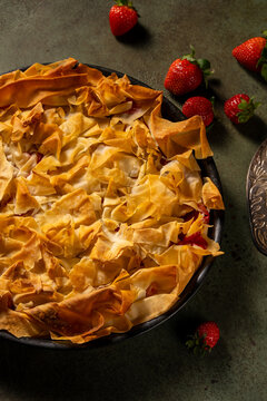 Strawberry pie topped with crispy phyllo dough