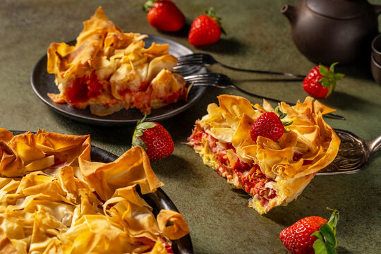Strawberry pie with phyllo dough served on a plate