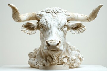 A detailed sculpture of a bull's head showcases intricate craftsmanship and texture, suitable for art galleries, animal-themed decor, or educational materials on sculpture artistry,