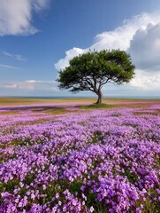 Landscape of purple flowers in bloom with a large tree