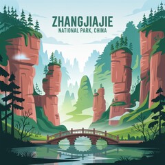 Zhangjiajie Rock Pillars and Bridge – Scenic China Print