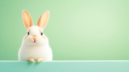 Fototapeta premium A cute white rabbit peeks over a pastel mint green background, offering a friendly and playful vibe, This image is perfect for spring promotions, Easter themes, or animal-related content,