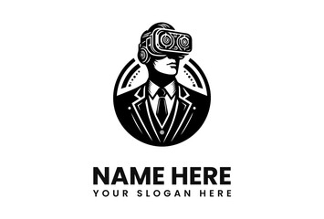 Man in suit wearing VR headset, enclosed in a circular frame.