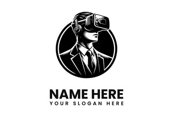 A stylized monochrome logo depicts a businessman wearing a VR headset, embodying technological advancement and modern business.